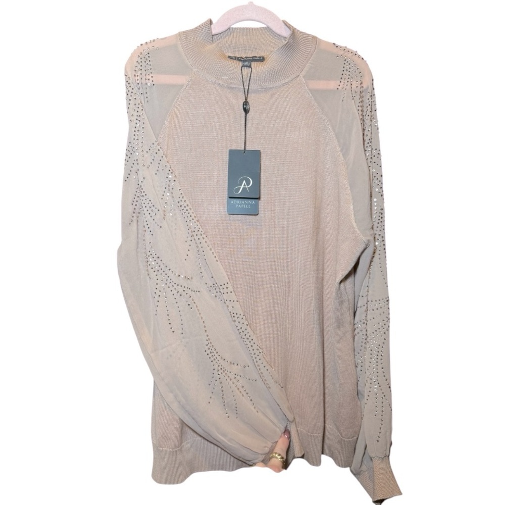 ADRIANNA PAPELL Rose Taupe Raglan Embellished Woven Sheer Long Sleeve Too M NWT